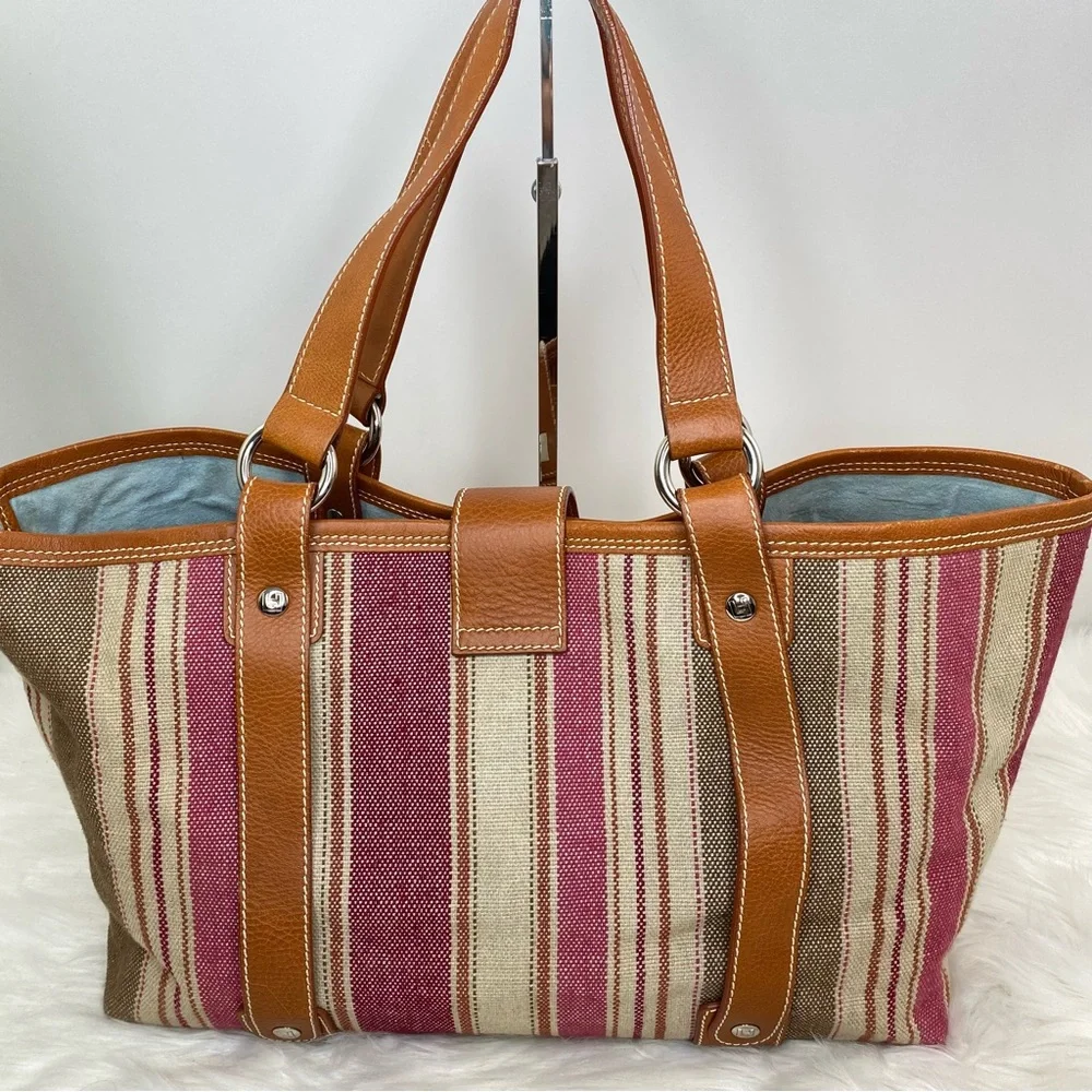 Lambertson Truex Large Striped Kansas Canvas and Leather Tote